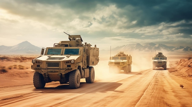 Pojazd wojskowy na drodze na pustyni z wygenerowaną sztuczną inteligencją