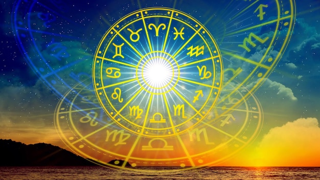 Pojęcie astrologii i horoskopu osoba wewnątrz koła znaku zodiaku znaki zodiaku w obrębie kręgu horoskopu astrologia wiedza o gwiazdach na niebie potęga wszechświata pojęcie