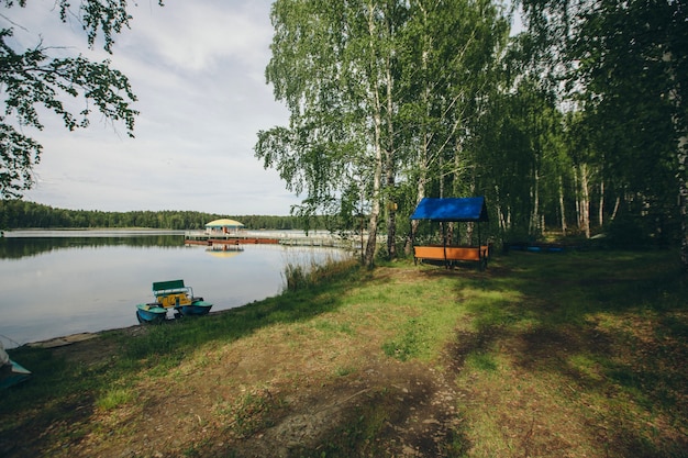 Pojęcie obserwacji pogody, meteorologia. wiatr i małe fale. Krajobraz nad rzeką, drzewami i piaszczystą plażą