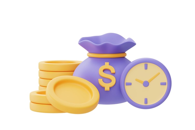 Pojęcie wartości pieniądza w czasie z zegarem i stosami monetzarządzanie czasemdługoterminowe inwestycjetermin płatnościRenderowanie 3D