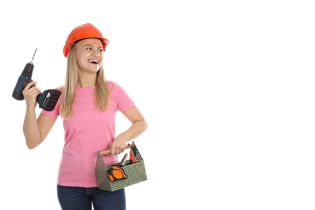 Pojęcie zawodu budowniczy młoda kobieta na białym tle