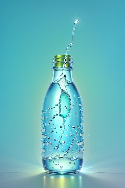 Pojedyncza butelka gazowanej wody oświetlona jasnym słońcem unoszącym się nad żywym błękitem