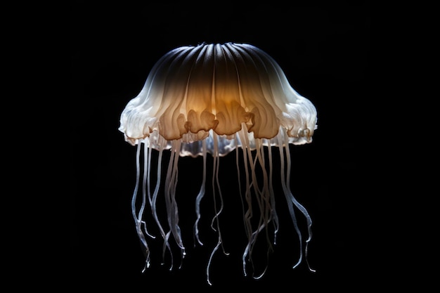 Pojedyncza oświetlona meduza na czarnym tle stworzona za pomocą generatywnej sztucznej inteligencji