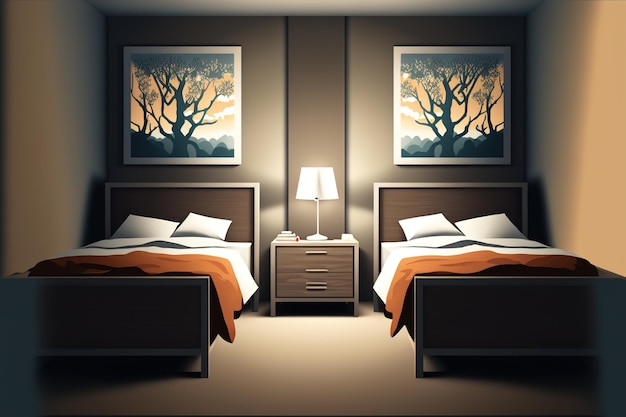 Pojedyncze łóżka we współczesnej ilustracji wnętrza sypialni