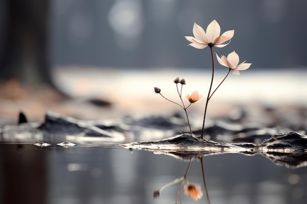 Zdjęcie pojedynczy kwiat stoi w wodzie z górami w tle