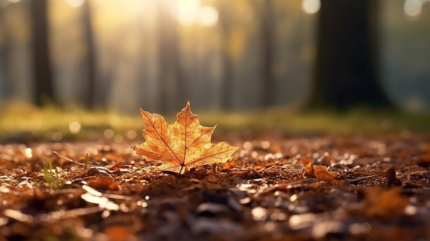 Pojedynczy liść klonu leży na ziemi w jesiennym lesie.
