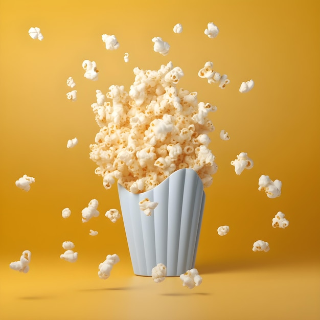 Pojemnik na popcorn z żółtym tłem i wylatującą z niego wiązką popcornu.