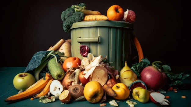 Zdjęcie pojemnik z jedzeniem otoczony jest stosem owoców i warzyw.