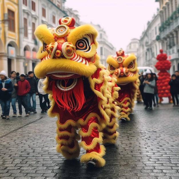 Pokaz tańca smoka lub lwa barongsai z okazji chińskiego festiwalu księżycowego nowego roku Tradycyjny azjatycki