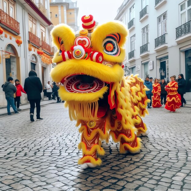 Pokaz tańca smoka lub lwa barongsai z okazji chińskiego festiwalu księżycowego nowego roku Tradycyjny azjatycki