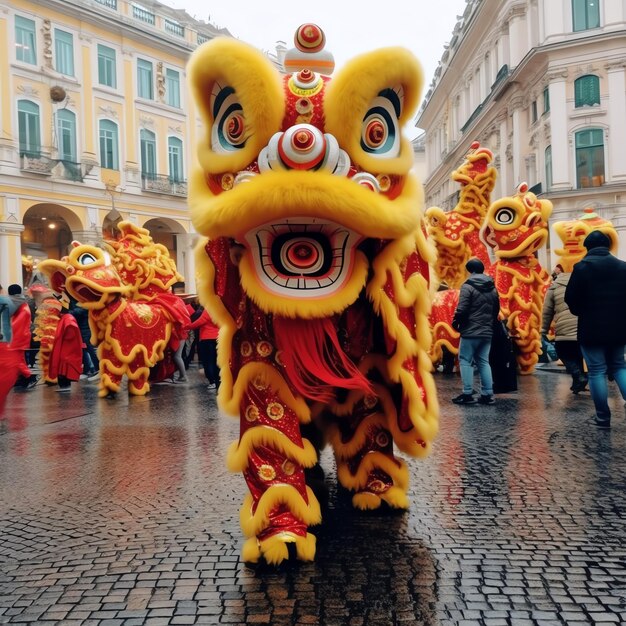 Pokaz tańca smoka lub lwa barongsai z okazji chińskiego festiwalu księżycowego nowego roku Tradycyjny azjatycki