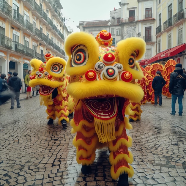 Pokaz tańca smoka lub lwa barongsai z okazji chińskiego festiwalu księżycowego nowego roku Tradycyjny azjatycki