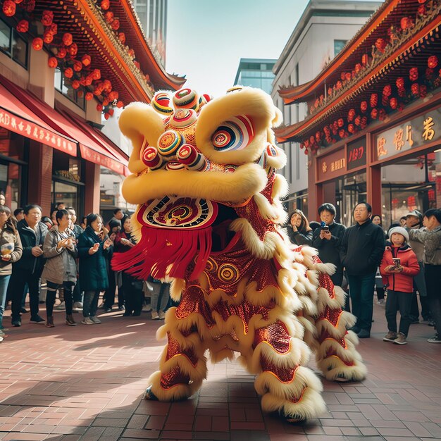 Pokaz tańca smoka lub lwa barongsai z okazji chińskiego festiwalu księżycowego nowego roku Tradycyjny azjatycki