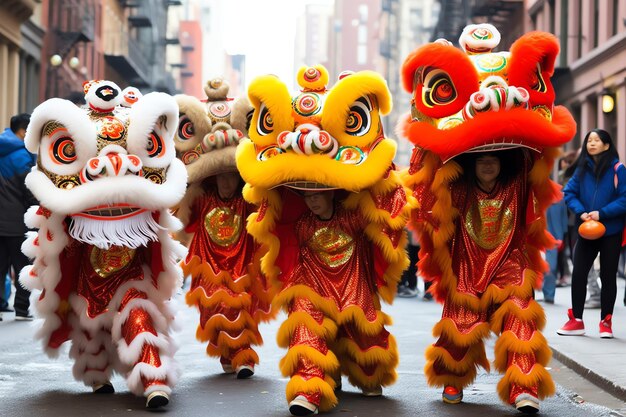 Pokaz tańca smoka lub lwa barongsai z okazji chińskiego festiwalu księżycowego nowego roku Tradycyjny azjatycki