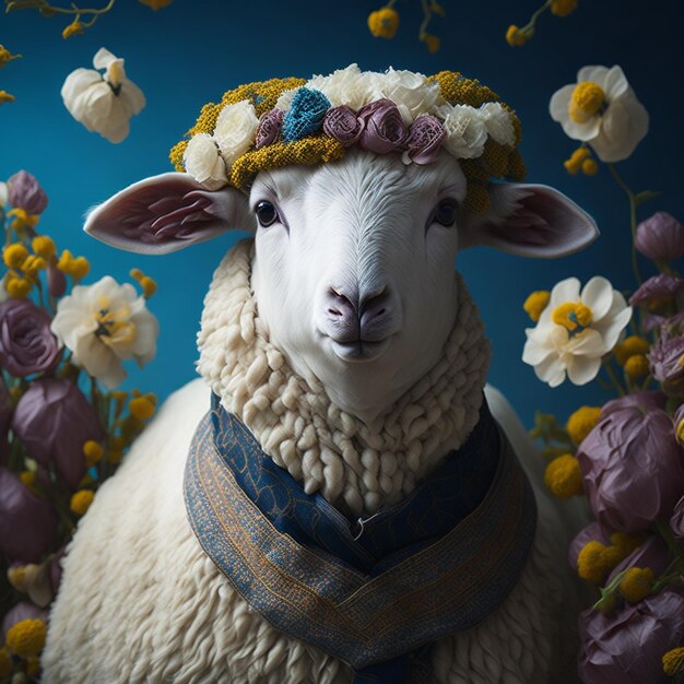 Pokazana jest owca z koroną kwiatową na głowie.