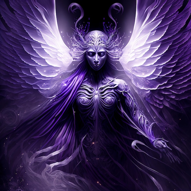 Pokazano fioletowego anioła ze skrzydłami i rogami.