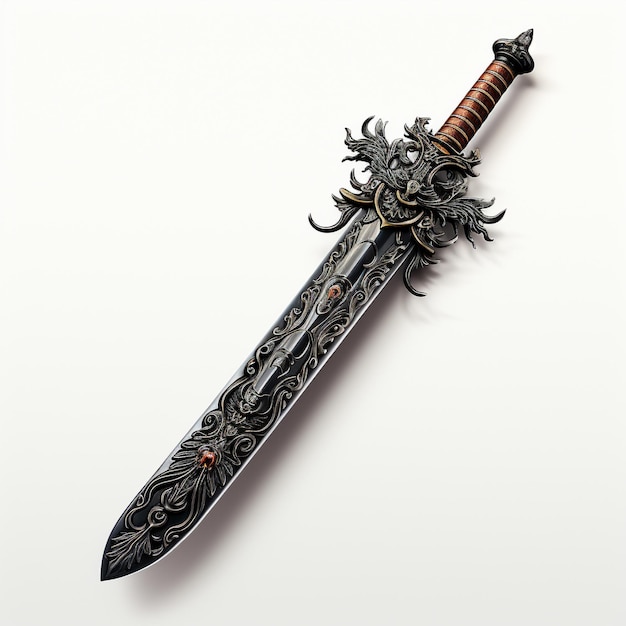 pokazano miecz z czarno-złotym wzorem