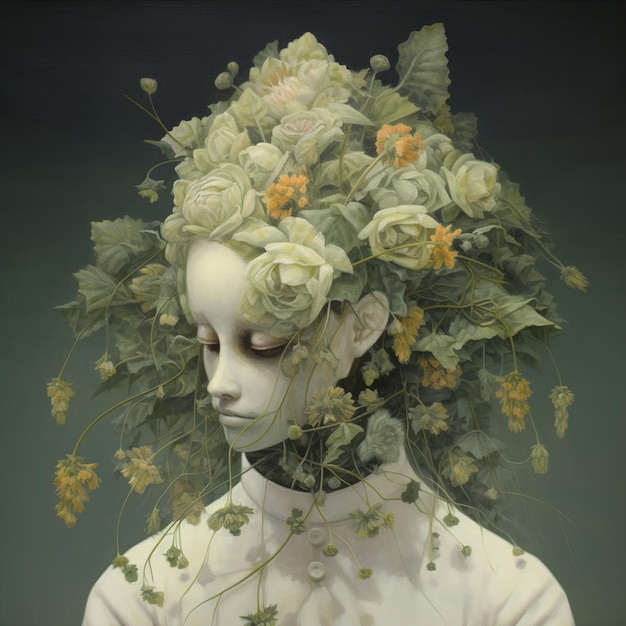 Pokazano obraz przedstawiający lalkę z kwiatami we włosach