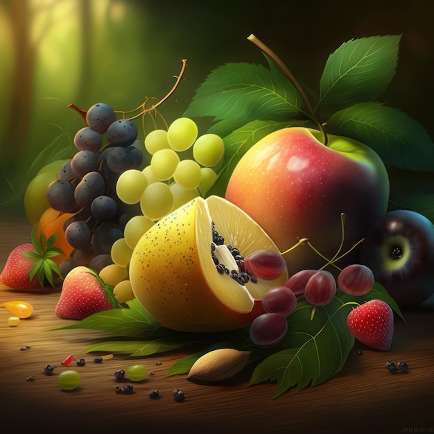 Pokazano obraz przedstawiający owoce i jagody.