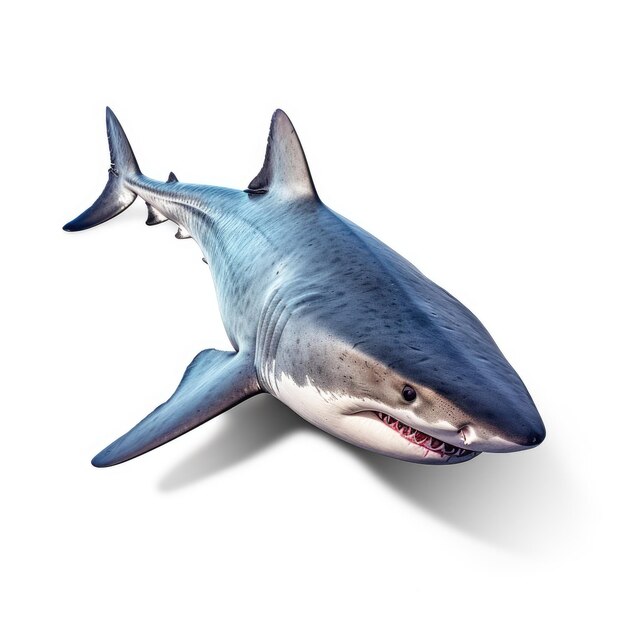 Pokazano rekina z niebieskimi płetwami i białą twarzą.