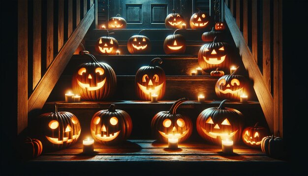 pokazujące oświetlone jackolanterns w nocy rzeźbione z różnymi twarzami umieszczonymi na drewnianym ganku