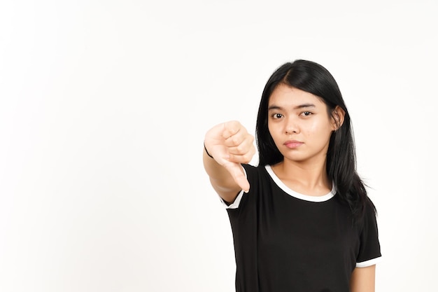 Pokazuje Kciuk W Dół Znak Pięknej Kobiety Azjatyckie Odizolowane Na Białym Tle