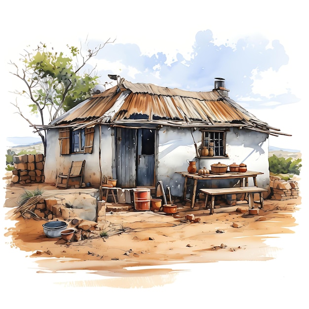 Pokój akwarelowy w pokoju chaty Xhosa Village w Republice Południowej Afryki Doświadczenie na białym tle Scena sztuki