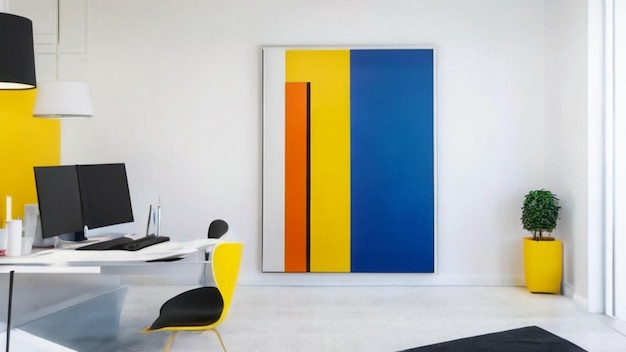 Pokój biurowy o minimalistycznym wzornictwie z kolorem w formie wypowiedzi o