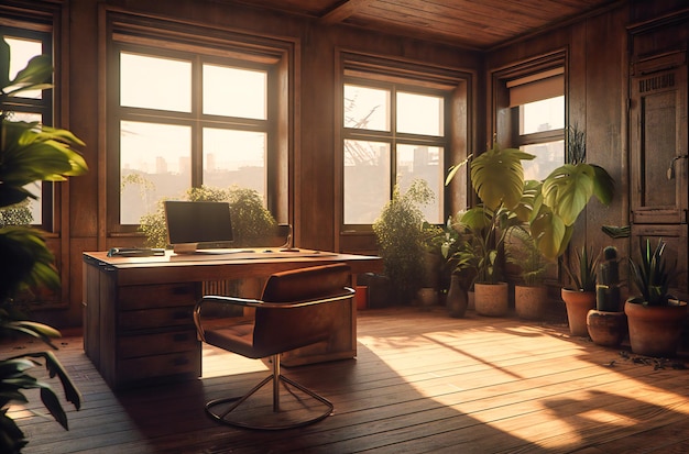 Pokój biurowy z dużym krzesłem biurowym i rośliną