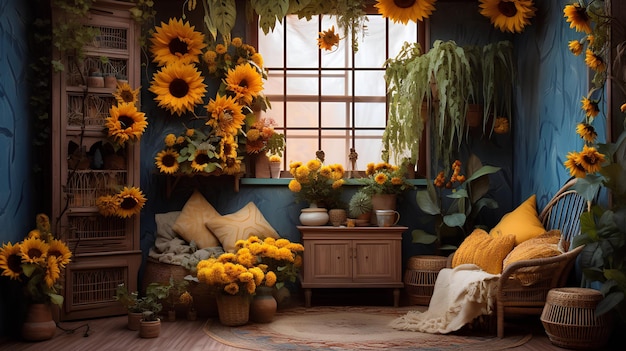 Pokój boho z słonecznikami Słoneczniki żółty projekt wnętrza pokoju