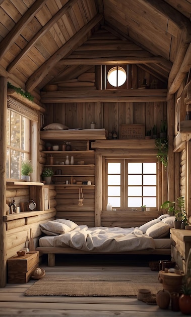 Pokój do spania w drewnianym domu jest ładny.