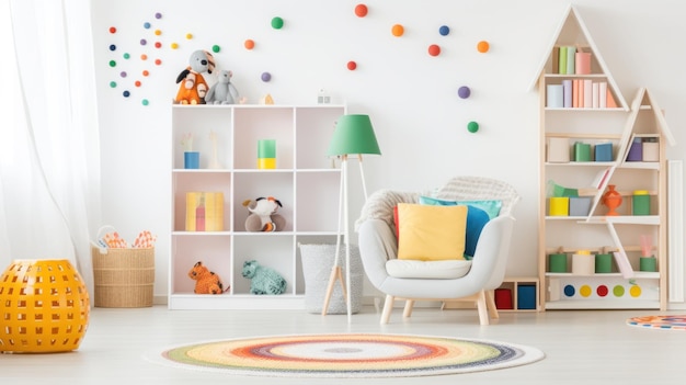 pokój dziecięcy z kolorową półką do książek z kolorowymi pojemnikami do przechowywania krzesła i lampy podłogowej