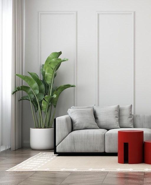 Pokój dzienny w minimalistycznym stylu i biała ściana tekstura tło renderowania wnętrz 3D