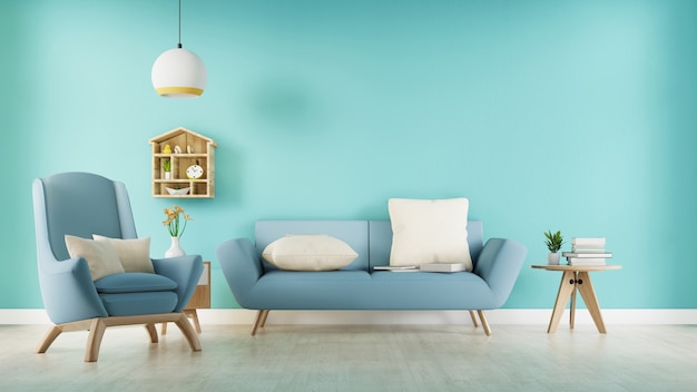 Pokój dzienny z niebieską kanapą z tkaniny, niebieskim fotelem, lampą i zieloną rośliną w wazonie na tle białej ściany. Renderowania 3d