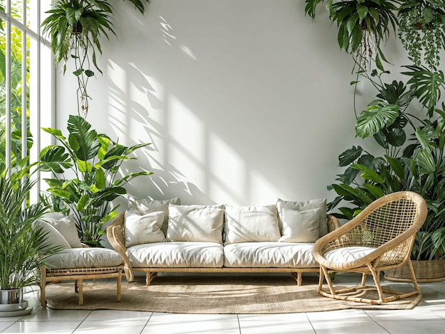 Pokój dzienny z roślinami zielonymiMakieta ścienna wnętrza pokoju dziennego w ciepłych tonach, nowoczesnym wnętrzu salonu