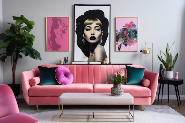Pokój dzienny z różową kanapą i stolikiem kawowym generatywnym obrazem AI
