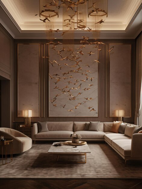 Zdjęcie pokój dzienny z sofą i żyrandolem oraz panelami latających ptaków ze złotymi wstawkami z estetyką tapety wygenerowana przez ai generatywna sztuczna inteligencja generująca sztuczną inteligencję generująca ai