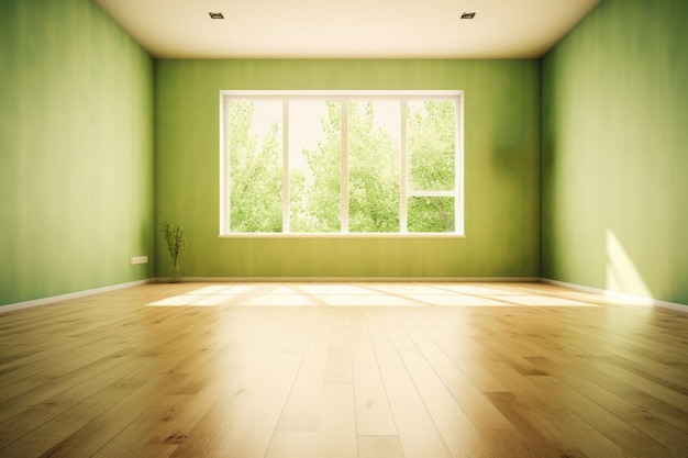 Pokój dzienny ze światłem słonecznym prześwitującym przez przesuwane drzwi drewniana podłoga zielona ściana Generative AI