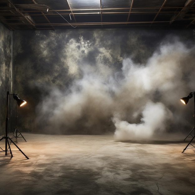 Zdjęcie pokój fotograficzny z betonową podłogą i dymem z światłem od reflektorów w tle