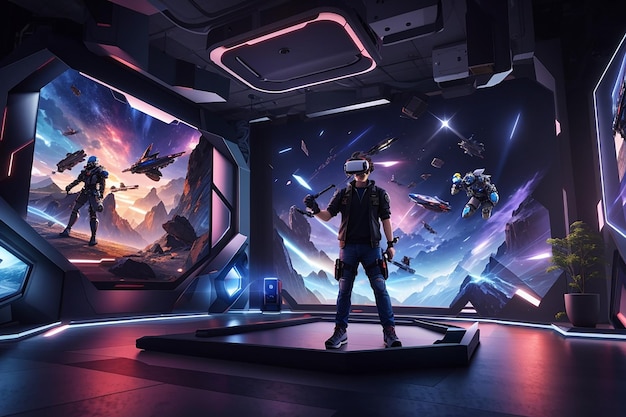 Zdjęcie pokój gier wirtualnej rzeczywistości z dynamicznym oświetleniem i elementami wciągającymi