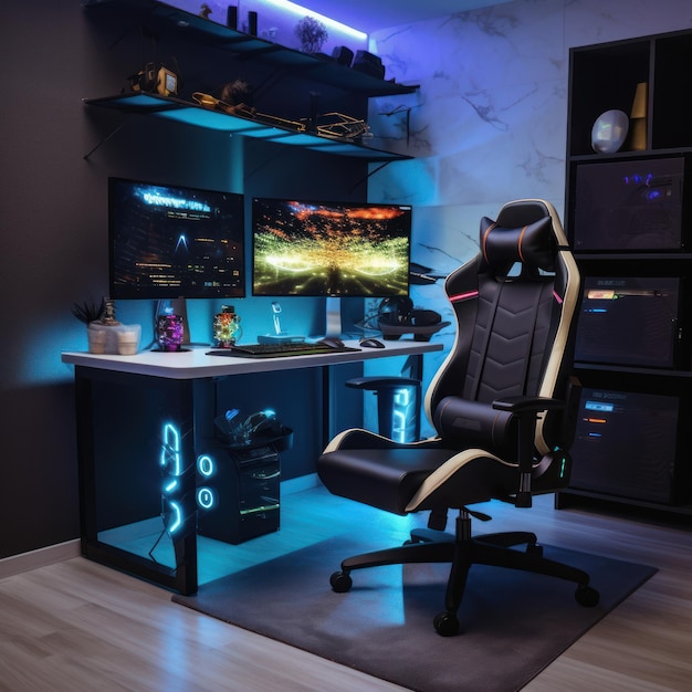 Zdjęcie pokój gier z czarnym krzesłem i czarnym biurkiem z monitorem z napisem „gra”.