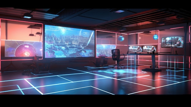 Pokój gier z dużym ekranem z napisem „cyberpunk”.