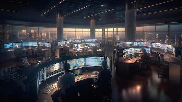 Pokój gier z mnóstwem monitorów i mężczyzną siedzącym przy biurku z napisem „cyberbezpieczeństwo” na górze.