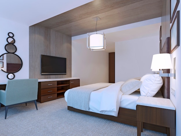 Pokój hotelowy o minimalistycznym wystroju.
