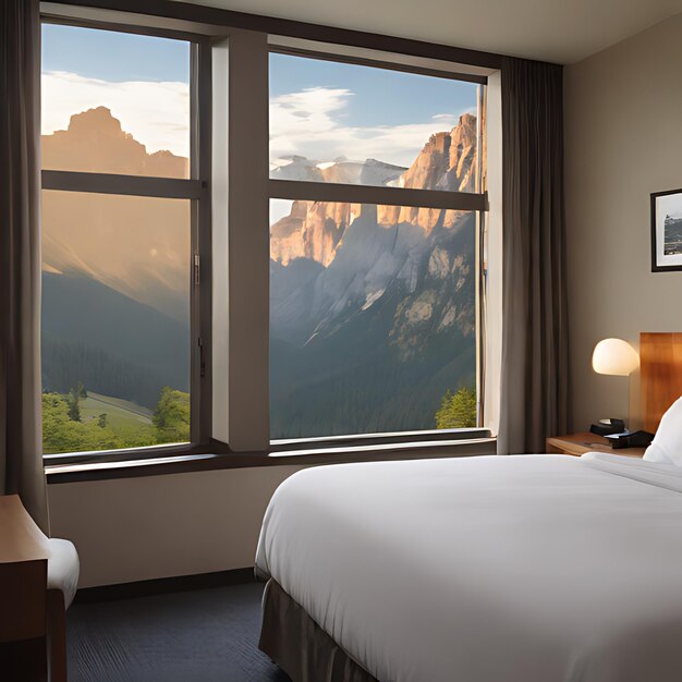 pokój hotelowy z łóżkiem i widokiem na góry
