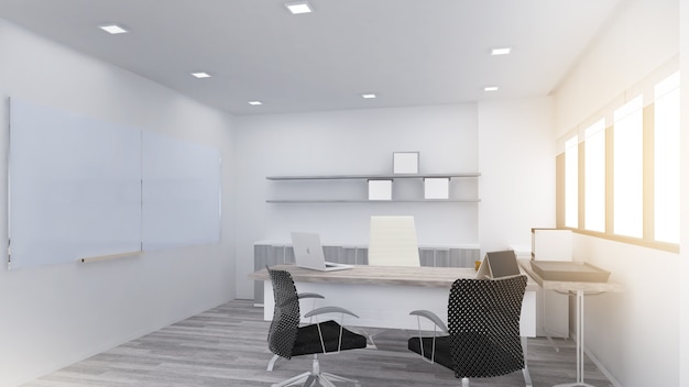 Pokój kierownika z białą tablicą i światłem słonecznym wpadającym przez okno, renderowanie 3d