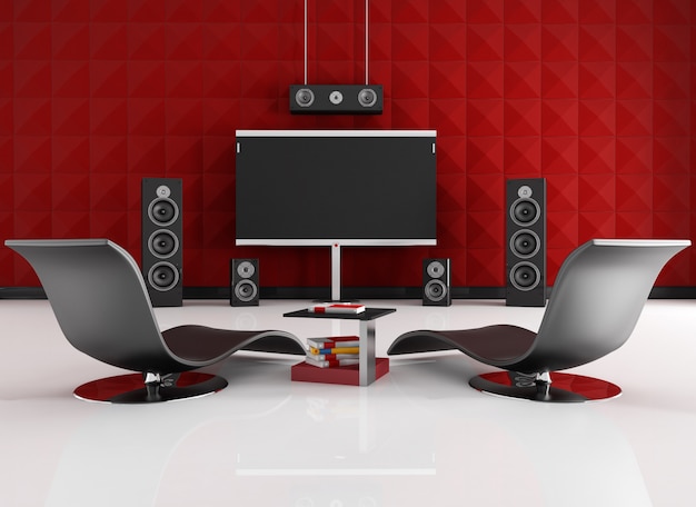 pokój kina domowego z czerwonym panelem akustycznym - rendering