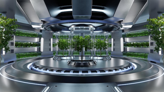 Pokój laboratoryjny hydroponiki na statku kosmicznym z okrągłym podium empty3d rendering
