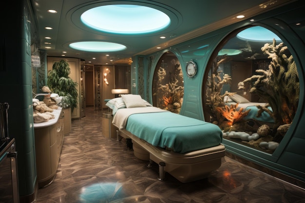 Pokój leczenia spa na statku wycieczkowym, gdzie pasażerowie oddają się sesjom rozpieszczania Generatywna sztuczna inteligencja
