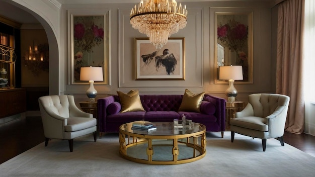 pokój mieszkalny z fioletowymi kanapami i żyrandolem z trzema lampami